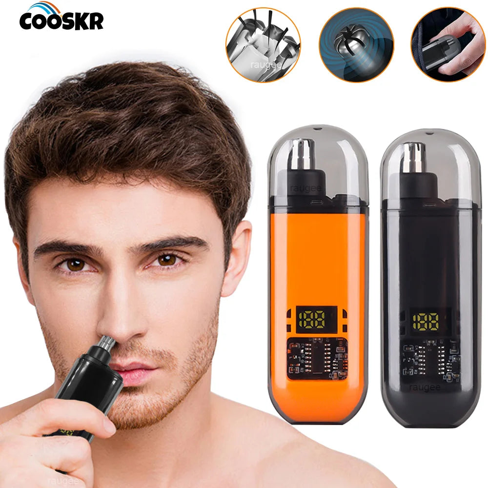 lectric Nose Hair Trimmer with USB charging cable on a bathroom counter